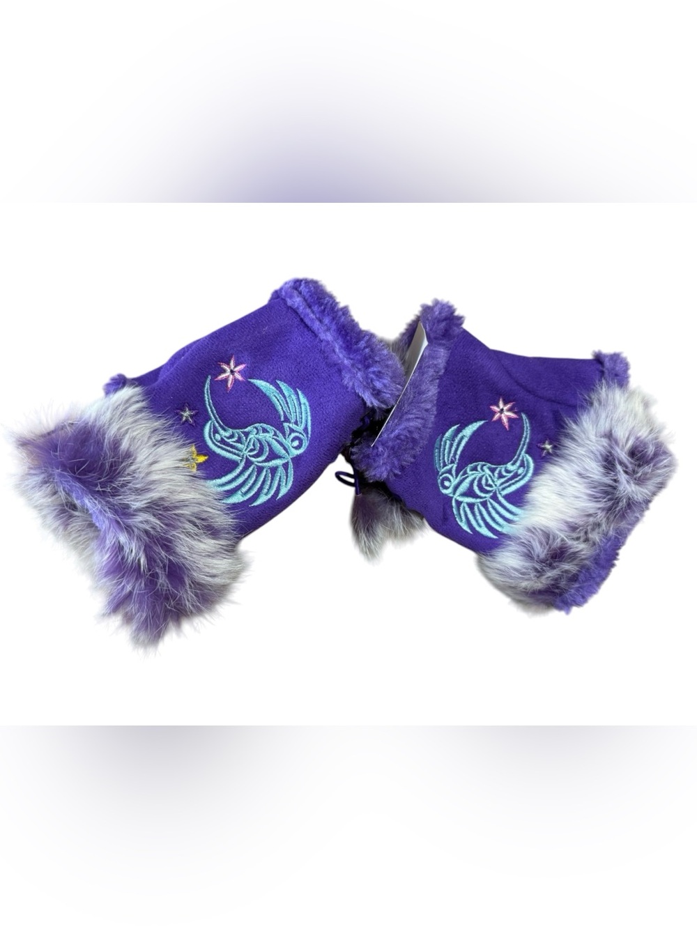 Northwest Spirit Purple Embroidered Rabbit Fur Fingerless Gloves NWT Hummingbird